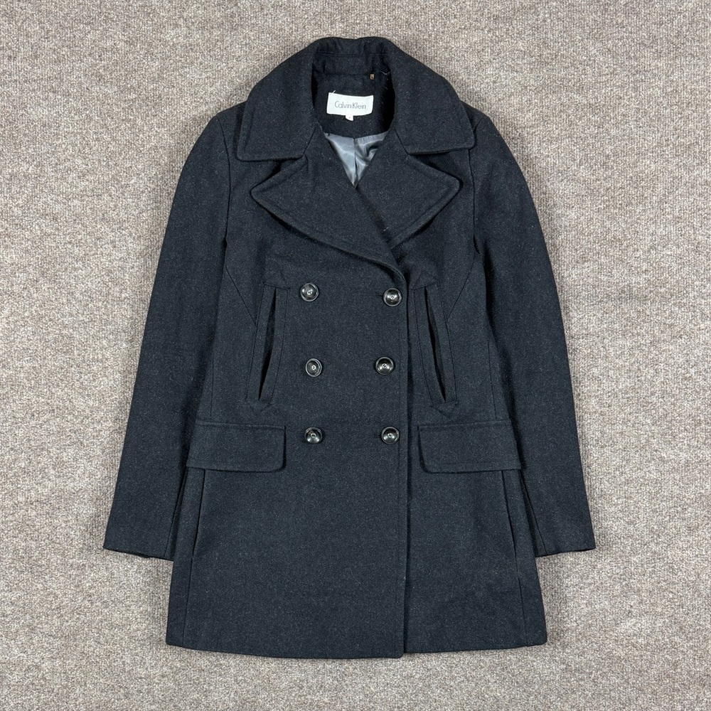 Calvin Klein Grey Wool Blend Double Breasted Pea Coat Womens 2 Preppy Mid Length